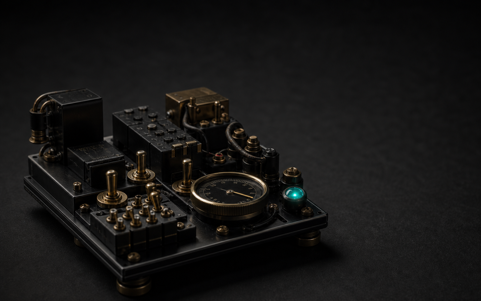 A tabletop of small labeled brass and matte-black switches, relays and a precision dial wired together, with one teal indicator light glowing.