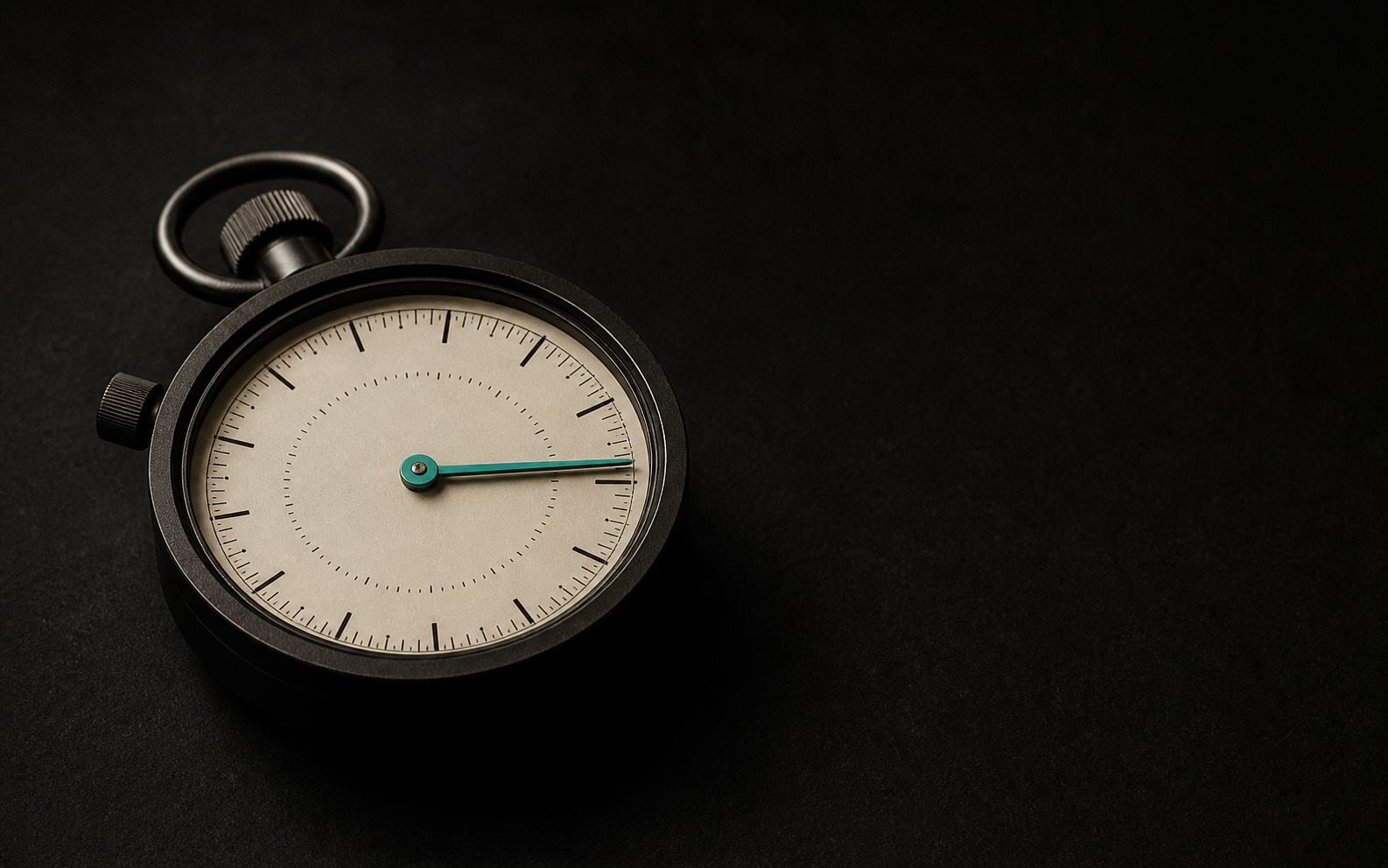 A single minimalist analog gauge in cream and matte black with a teal needle resting at maximum, isolated on dark negative space.