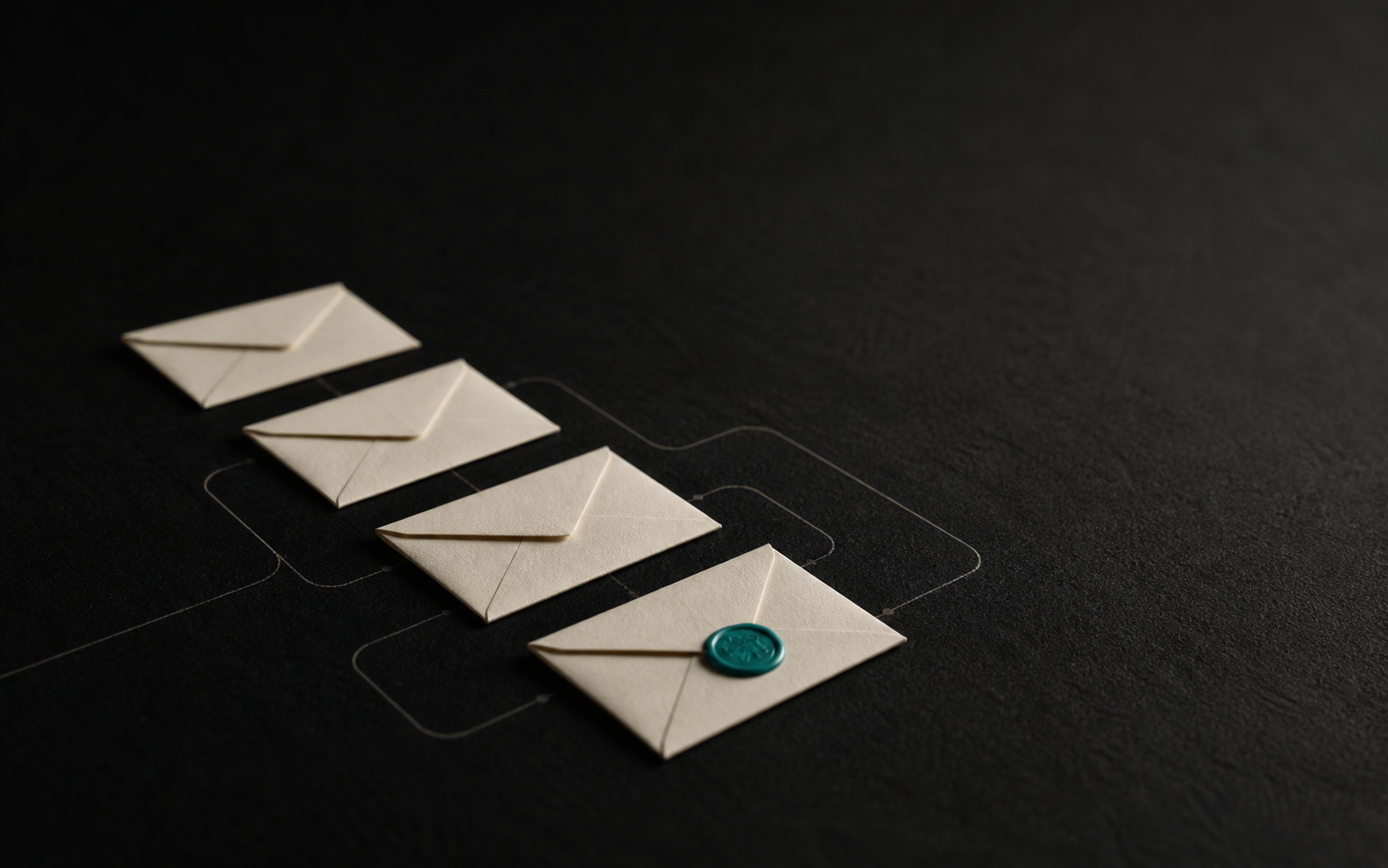 Cream paper envelopes sorted in a precise row with faint routing lines between them and one teal wax-seal accent.