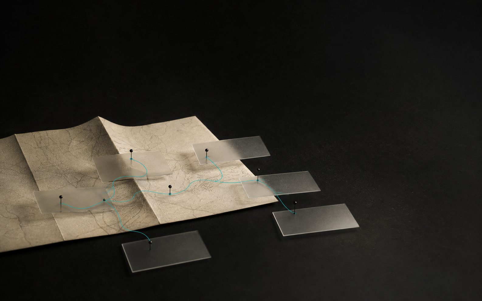 A folded cream-paper map with translucent search-result cards and a thin teal signal path between them.