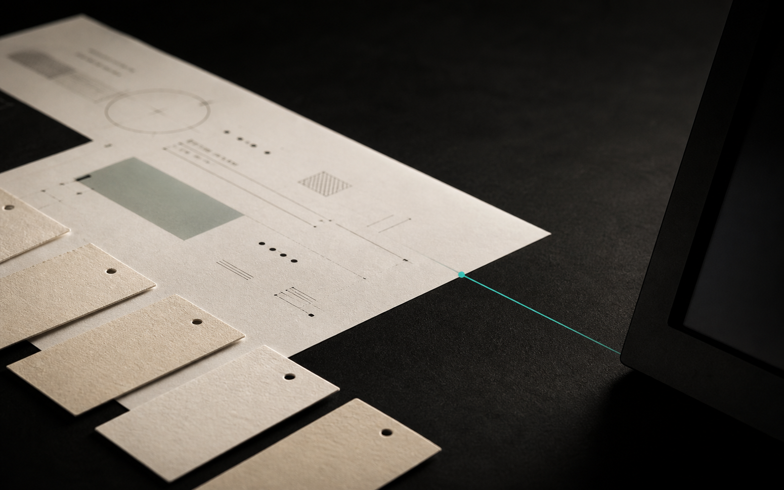 Physical design-token swatch chips and a printed spec sheet bridging toward the edge of a dark matte screen, joined by a thin teal alignment line.