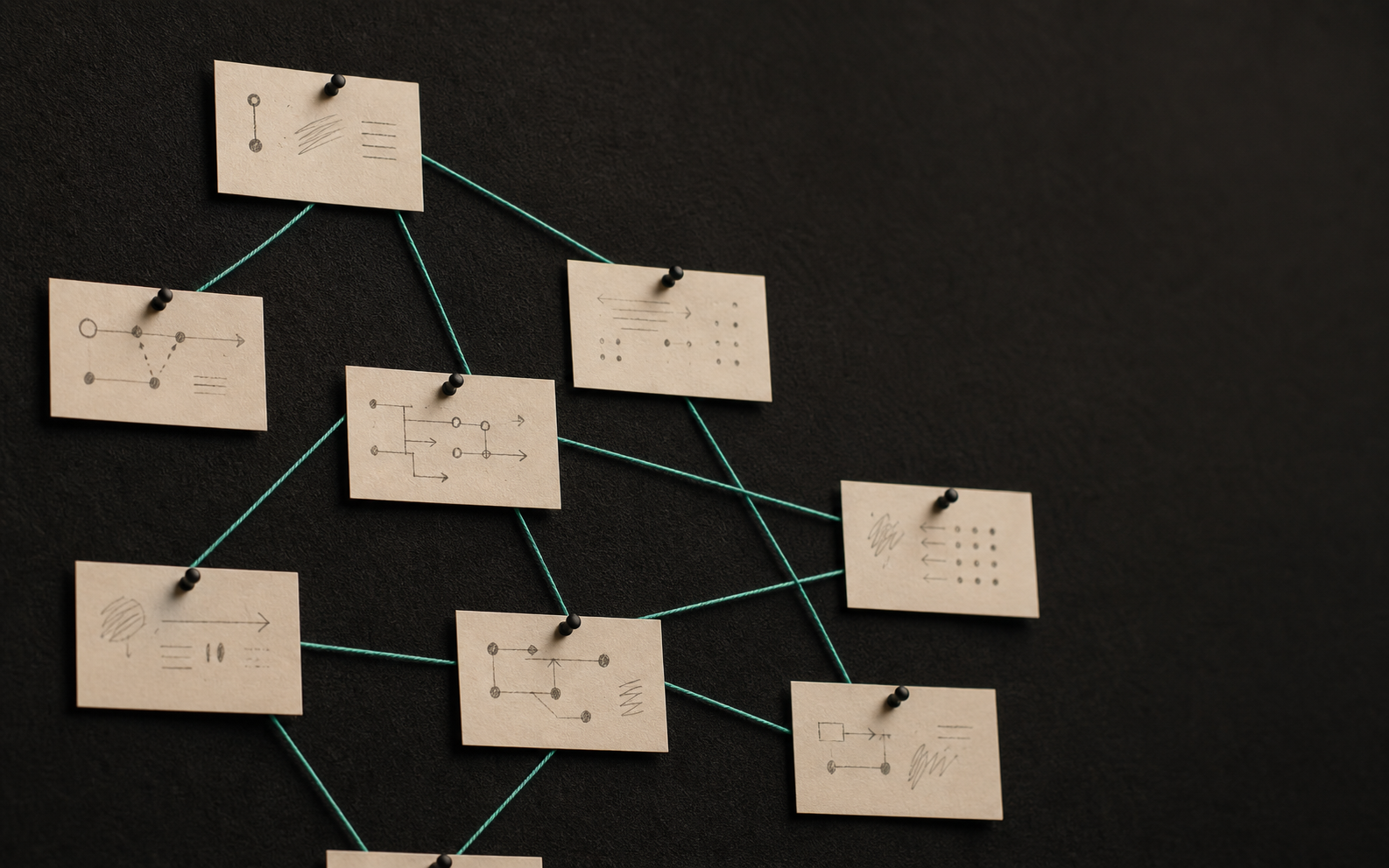 A physical workflow diagram built from cream index cards on a dark pin-board, connected by taut teal thread between nodes.