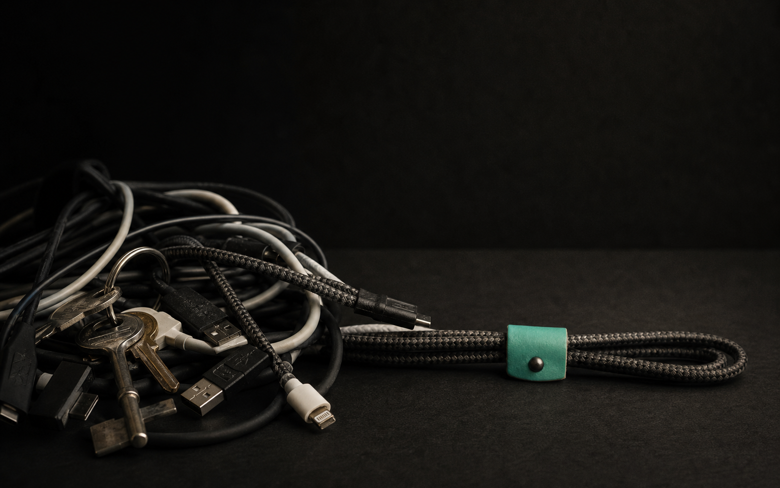 A tangle of mismatched cables and keys dissolving into one neatly braided cable with a single teal tag, on a dark surface.