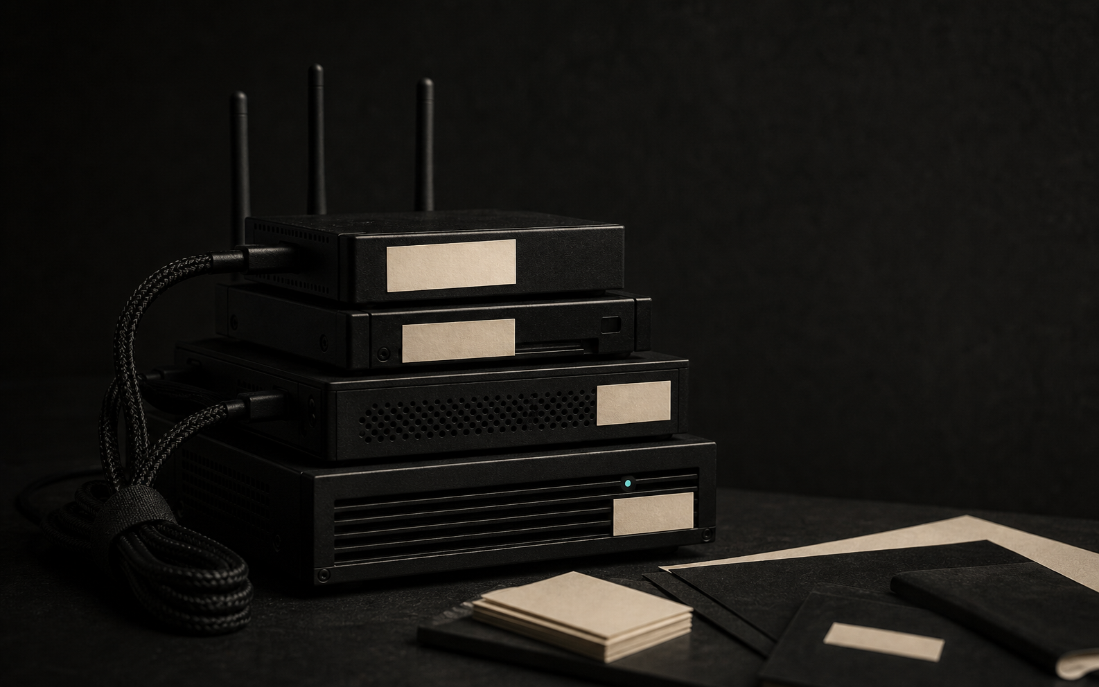 Neatly arranged matte-black server hardware blocks with braided cables and blank cream paper labels, lit by a single teal status light.